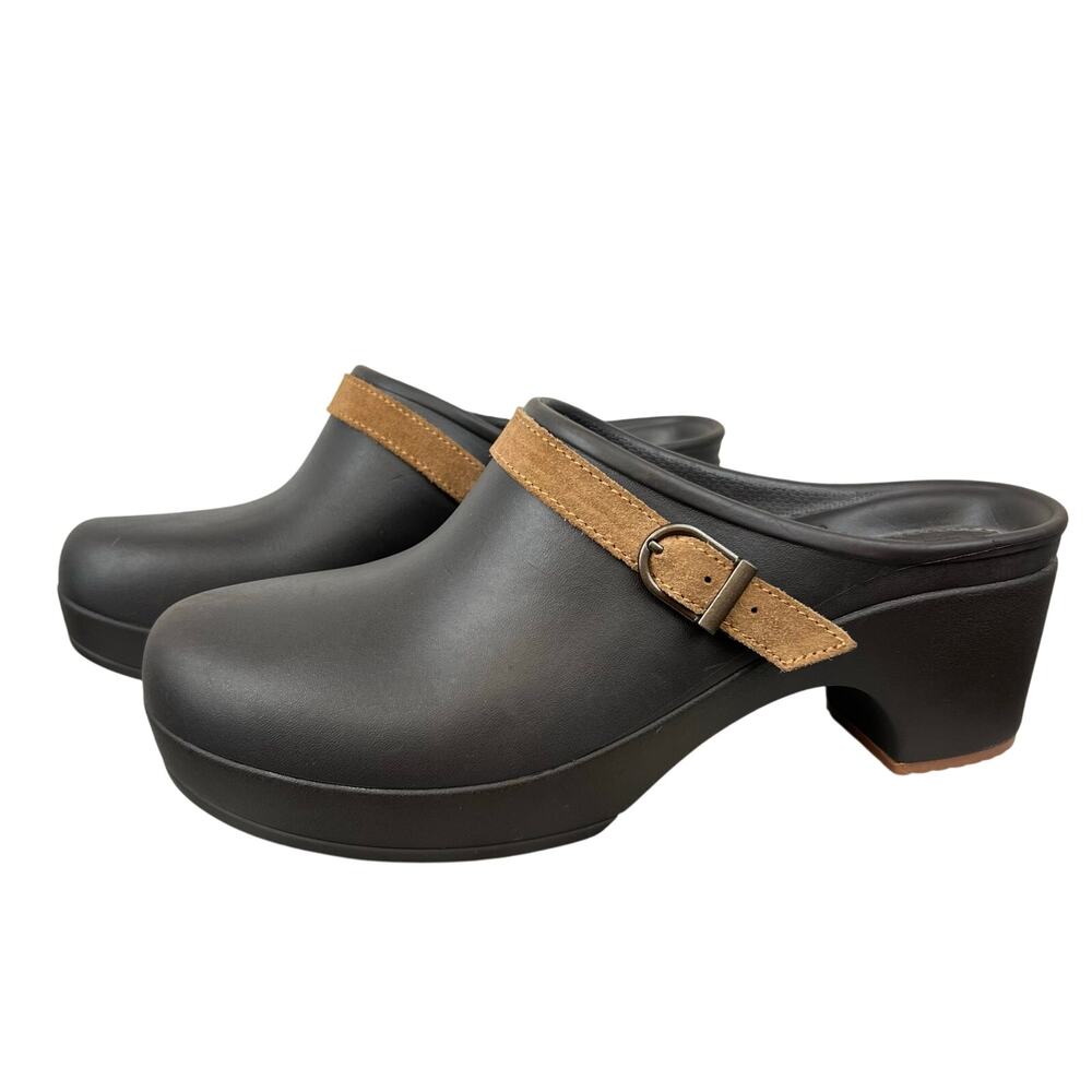 CROCS Women's Sarah Suede Buckle Slip On Brown Rubber Mules Heeled Clogs (Sz 10)